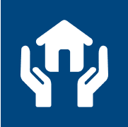 Hands holding house icon on blue background.