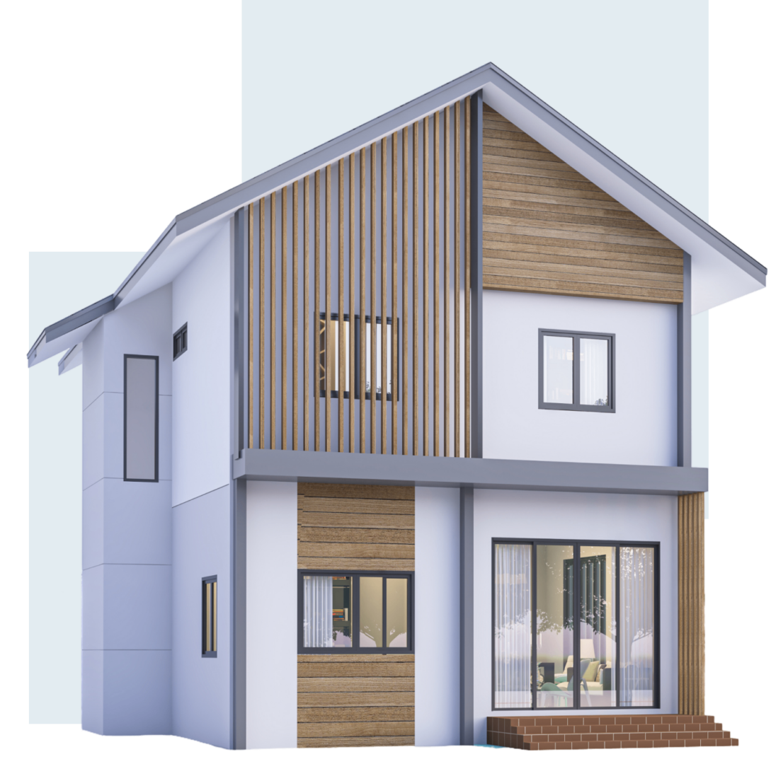 Modern two-story house with wooden accents.